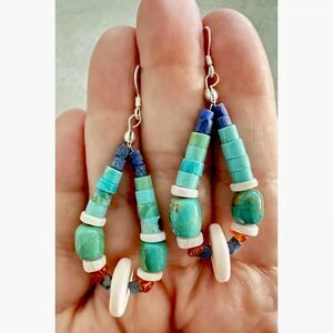 Genuine Gemstone Heishi Beaded Earrings Handmade Turquoise & Lapis Navajo Design